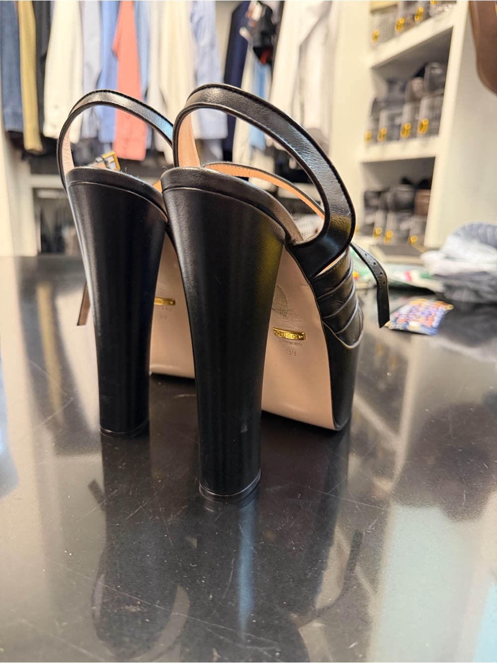 Gucci Black Leather Platform Slingback Sandals - Picture 3 of 5